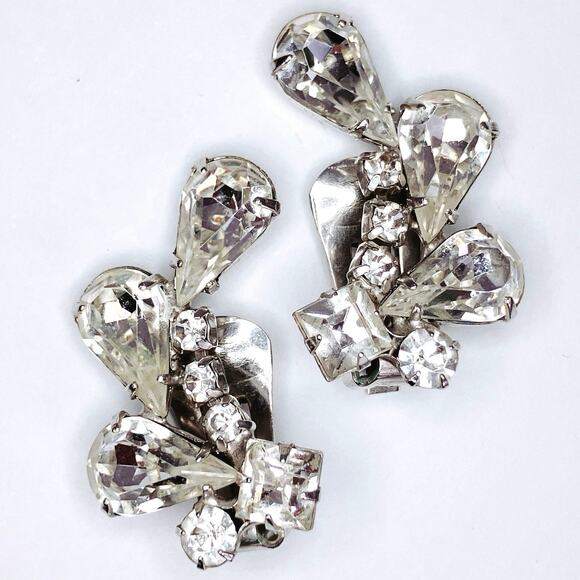 VTG Signed Weiss 1950s Cocktail Earrings Rhinestone Mid Century Clip On Sparkly - Picture 3 of 11